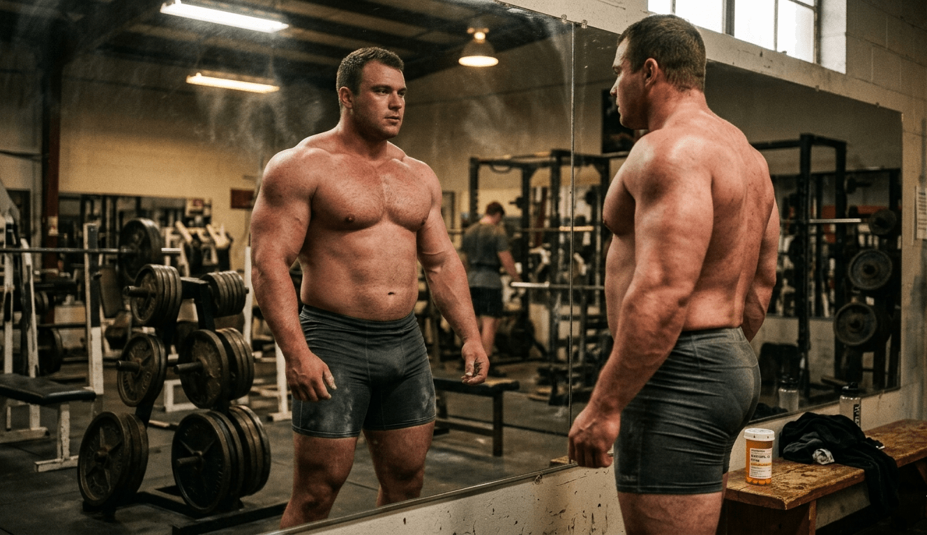 Anadrol Wirkung: Oxymetholon Effekte auf Masse, Kraft und Wassereinlagerung 19 Bodybuilder betrachtet im Spiegel seine massive Muskelmasse nach Anadrol-Oxymetholon-Einnahme im Gym