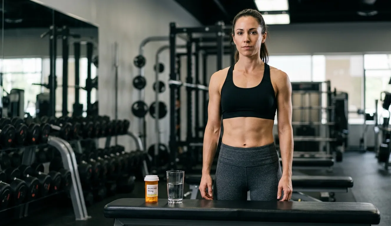 Athletische Frau mit definierter, schlanker Körperform steht vor ANAVAR 10 MG Tabletten auf Gymbank und zeigt Anavar Wirkung durch schlanken Muskelaufbau, Fettabbau und minimale Wasserretention bei Frauen