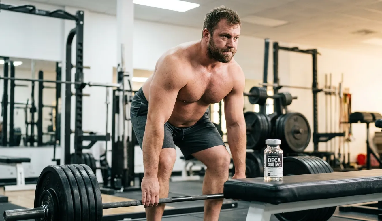 Deca Durabolin Wirkung: Effekte auf Gelenke, Muskelaufbau und Kollagen 1 Massiver Bodybuilder an schwerem Kreuzheben-Gewicht neben DECA 300 MG Fläschchen auf Gymbank zeigt Deca Durabolin Wirkung auf Gelenkschutz und Muskelaufbau
