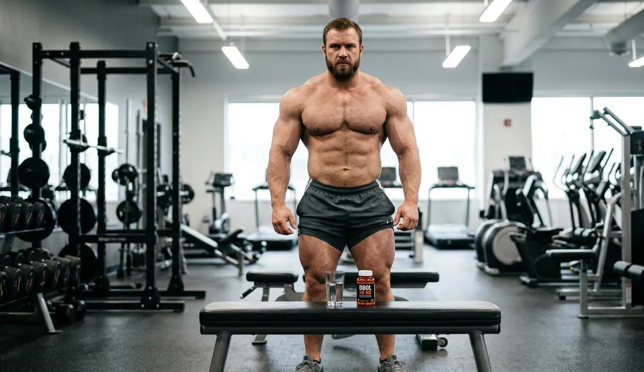 Dianabol Wirkung: Methandienon Effekte auf Masse, Kraft und Stickstoff 1 Massiver Bodybuilder mit maximaler Muskelfülle steht vor DBOL 30 MG Tabletten auf Gymbank und zeigt Dianabol Wirkung auf schnellen Masseaufbau und Kraftzuwachs