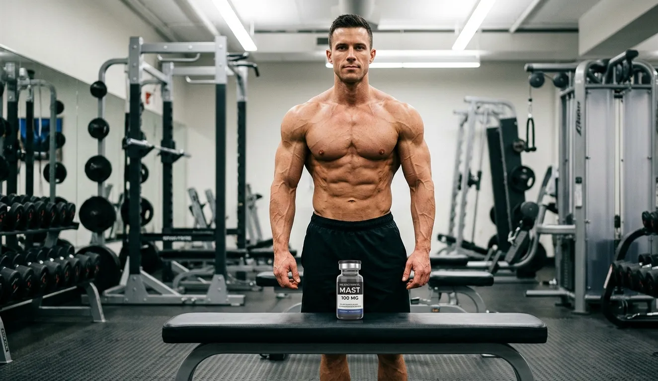 Masteron Wirkung: Drostanolon Propionat Effekte und Anti-Östrogen-Eigenschaften 1 Extrem definierter Wettkampf-Bodybuilder mit tiefen Muskelstriationen und Vaskularität steht vor MAST P 100 MG Fläschchen auf Gymbank und zeigt Masteron Wirkung durch Anti-Östrogen-Effekt und maximale Muskelhärte