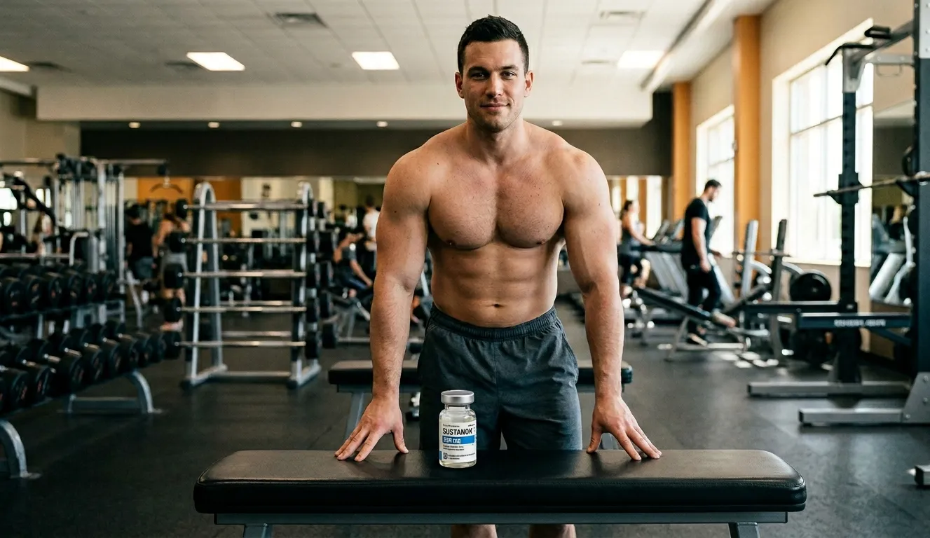 Sustanon 250 Dosierung: Kur Plan und Wochendosis für Einsteiger 1 Muskulöser Bodybuilder steht vor SUSTANON 250 MG Fläschchen und 12-Wochen-Kur-Plan auf Gymbank beim Planen der Sustanon 250 Dosierung von 500 mg wöchentlich