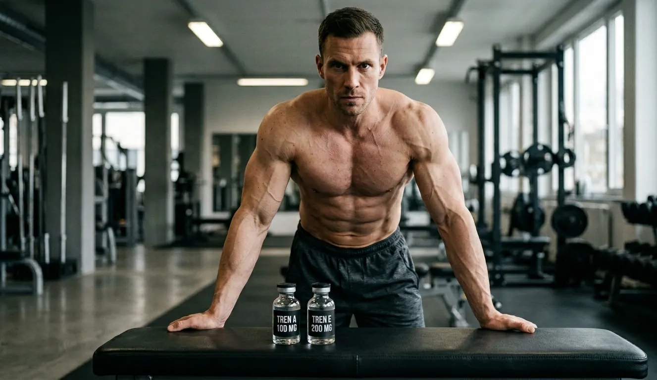 Extrem definierter Bodybuilder steht vor TREN A 100 MG und TREN E 200 MG Fläschchen mit EOD- und Wochenplan-Notizbuch auf Gymbank beim Planen der Trenbolon Dosierung für Anfänger und Fortgeschrittene
