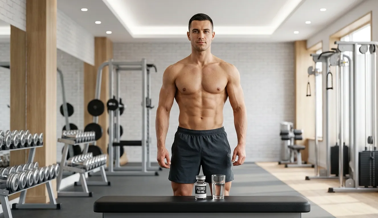 Primobolan Wirkung: Methenolon Effekte für trockenen Muskelaufbau 1 Ästhetischer Bodybuilder mit balancierter Muskeldefinition und trockener Körperform steht vor PRIMO 100 MG Fläschchen auf Gymbank und zeigt Primobolan Wirkung durch sauberen Muskelaufbau ohne Wasserretention
