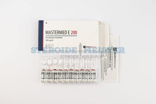 Mastermed E 200 (Drostanolone Enanthate) von Deus Medical, 10 Ampullen mit 200mg/ml, zur Förderung von Muskelmasse und Definition.