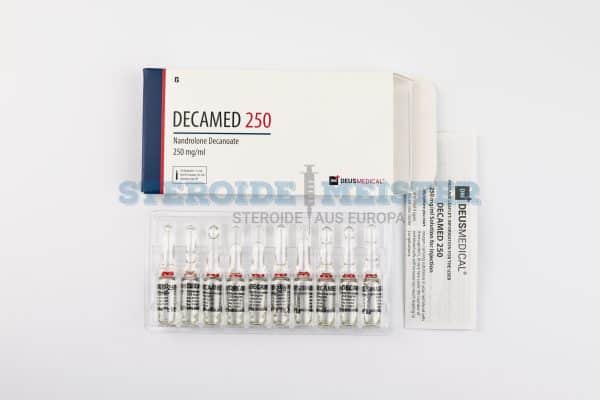 Decamed 250 (Nandrolon-Decanoat) von Deus Medical, 250 mg/ml, in einer 10 ml Flasche, ideal für den Einsatz in Anabolika-Zyklen zur Unterstützung des Muskelaufbaus