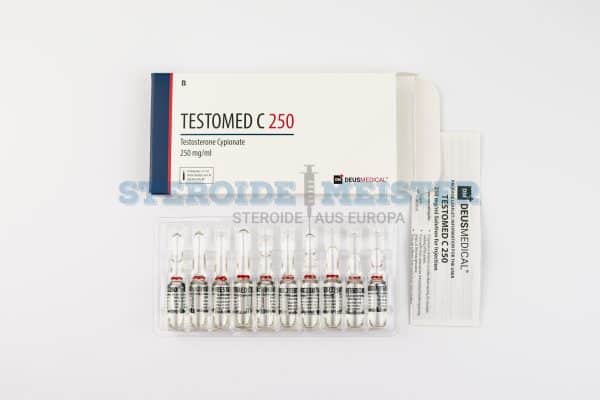 Testomed C 250 (Testosteron Cypionat) von Deus Medical, 10 Ampullen mit 250mg/ml, für langfristige Testosterontherapie und Muskelaufbau