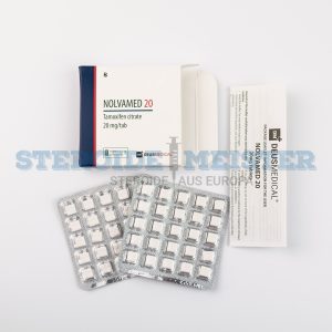 Nolvamed 20 (Tamoxifen-Zitrat) von Deus Medical, 20 mg/Tablette, ein selektiver Östrogenrezeptormodulator zur Behandlung von Östrogen-bedingten Nebenwirkungen