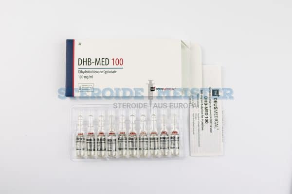 DHB-MED 100 (Dihydroboldenon Cypionat) von Deus Medical, 100 mg/ml, zur Unterstützung von Muskelaufbau und Leistungssteigerung, in einer Packung mit 10 Ampullen