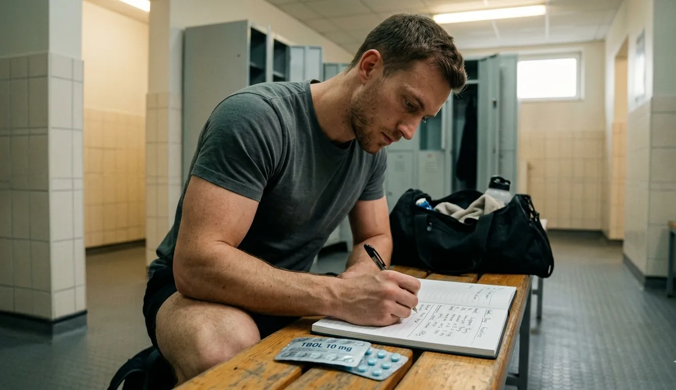 Athlet schreibt Turinabol-Dosierungsplan mit TBOL-Tabletten und 8-Wochen-Zyklusplan im Gym