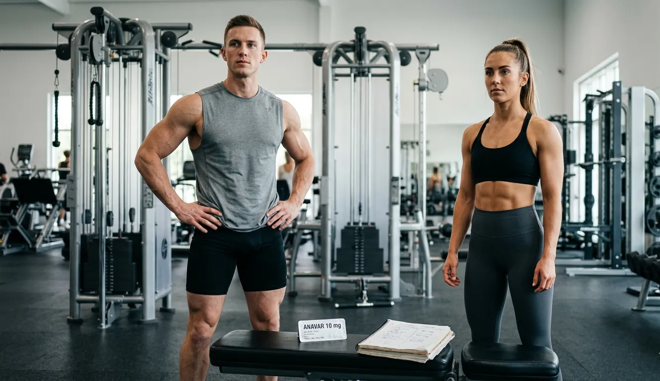 Athletischer Mann und Frau mit Anavar-Tabletten im Gym zeigen geschlechtsspezifische Oxandrolon-Dosierung
