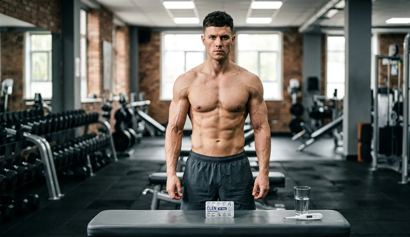 Extrem definierter Athlet mit Muskelstriationen steht vor CLEN 40 MCG Tabletten-Pack und Thermometer auf Gymbank und zeigt Clenbuterol Wirkung durch maximalen Fettabbau