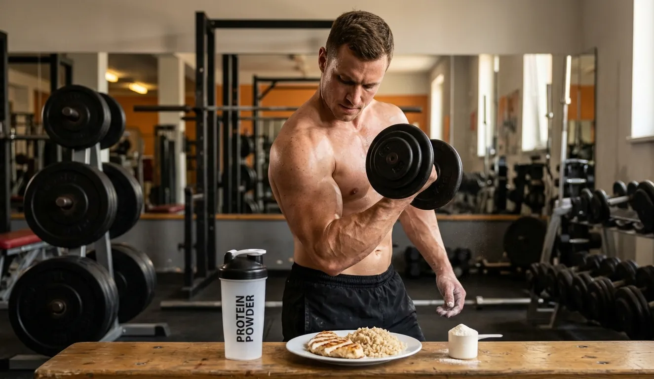 Muskulöser Bodybuilder führt Bizepscurls mit Kurzhantel im Gym aus und zeigt neben Protein-Shaker und gesunder Mahlzeit die zwei Grundlagen des Muskelaufbaus: Krafttraining und proteinreiche Ernährung