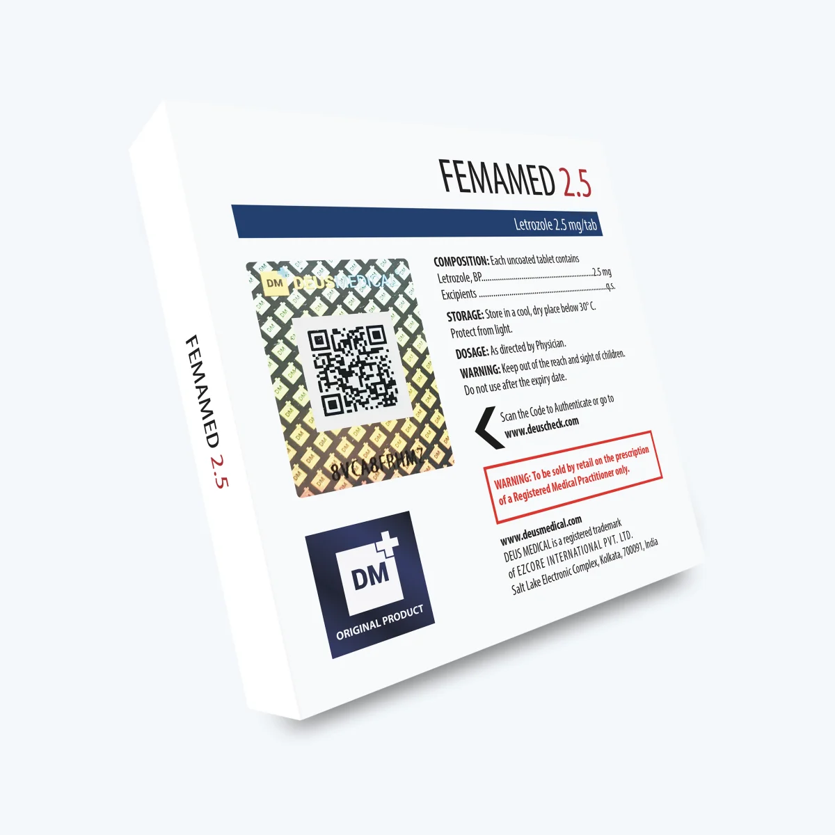 Femamed 2.5 (Letrozol) Deus Medical 2.5mg/Tab 50 Tab 3 Femamed 2.5 (Letrozol) Deus Medical 2.5mg/Tab 50 Tab – Rückseite der Verpackung mit Echtheitscode