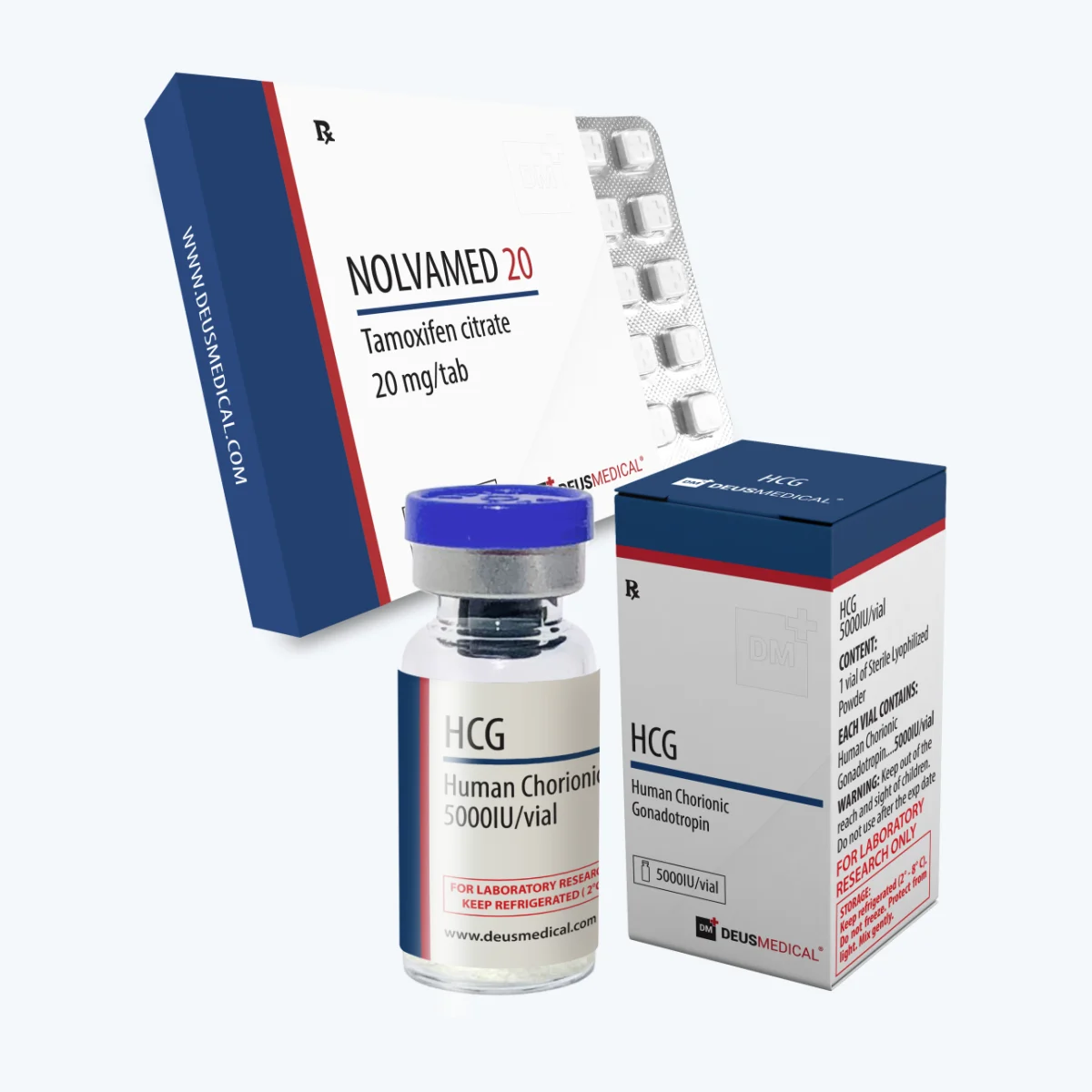 PCT – Post-Kur-Therapie-Produkte – Deus Medical – enthaltene Produkte: Nolvamed 20, HCG 5000 IU