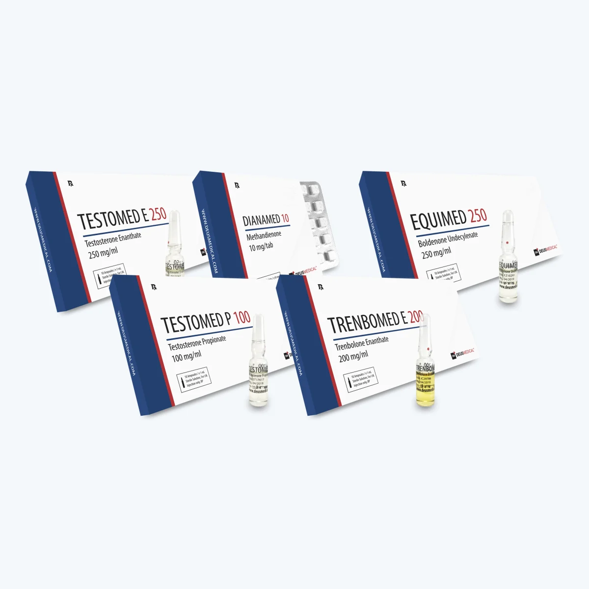 Professioneller Bodybuilder Steroid Kur-Deus Medical – enthaltene Produkte: Testomed E 250, Dianamed 10, Equimed 250, Testomed P 100, Trenbomed E 200