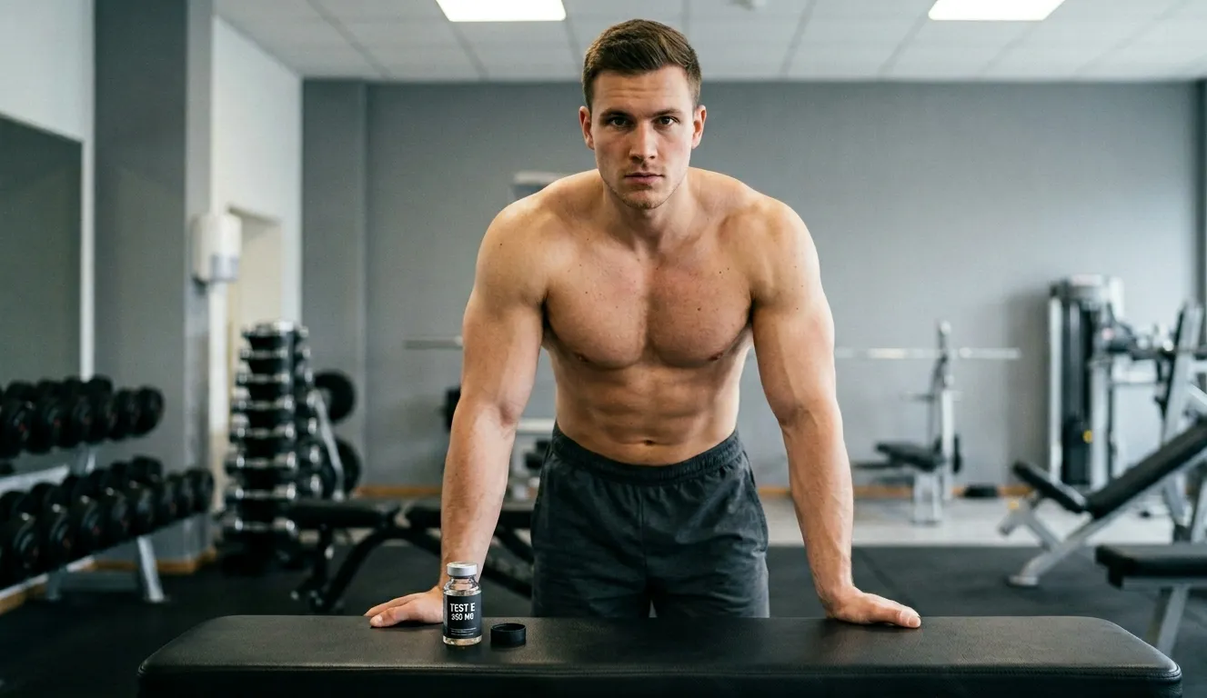 Muskulöser Bodybuilder steht vor TEST E 250 MG Fläschchen und 12-Wochen-Injektionsplan mit 500 mg wöchentlich auf Gymbank beim Planen der Testosteron Enanthate Dosierung als Anfänger-Zyklus