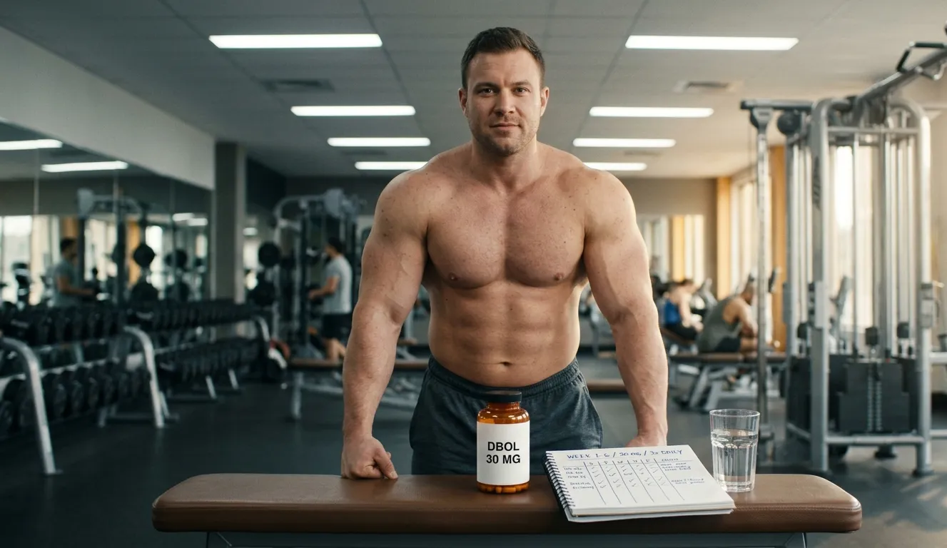 Muskulöser Bodybuilder steht vor DBOL 30 MG Tabletten und offenem 6-Wochen-Kur-Plan-Notizbuch auf Gymbank beim Planen der Dianabol Dosierung als Kickstart
