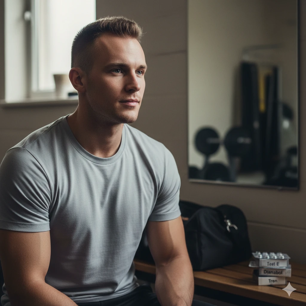 Fitnessbewusster Sportler Ende 20 mit beginnendem Haarausfall an den Schläfen, was mit androgenetischer Alopezie einhergeht, die durch die Einnahme von Anabolika beschleunigt wird – abgebildet in einer natürlichen Fitnessstudio-Umgebung mit ruhigem Gesichtsausdruck und kurzem Haarschnitt.