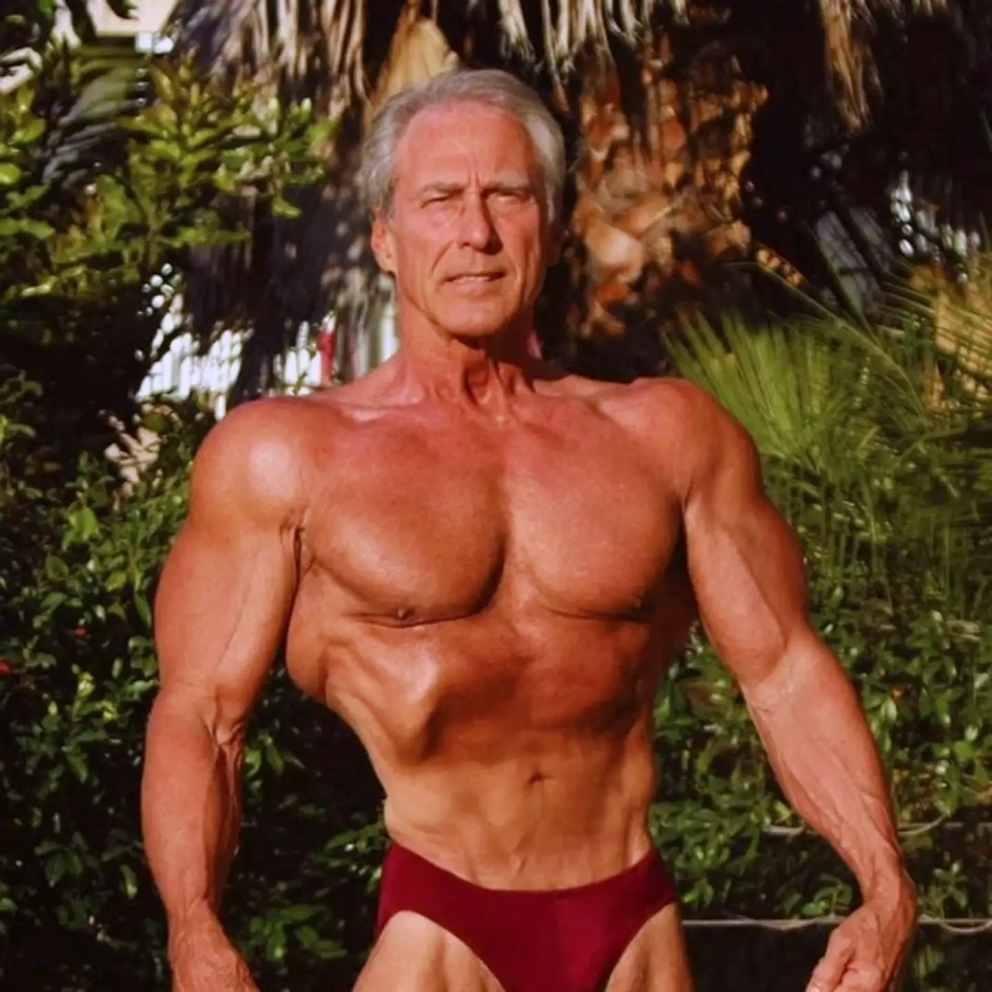 80-jähriger Bodybuilder, der eine Proviron-Testosteronersatztherapie macht, posiert und zeigt seine Muskeln.