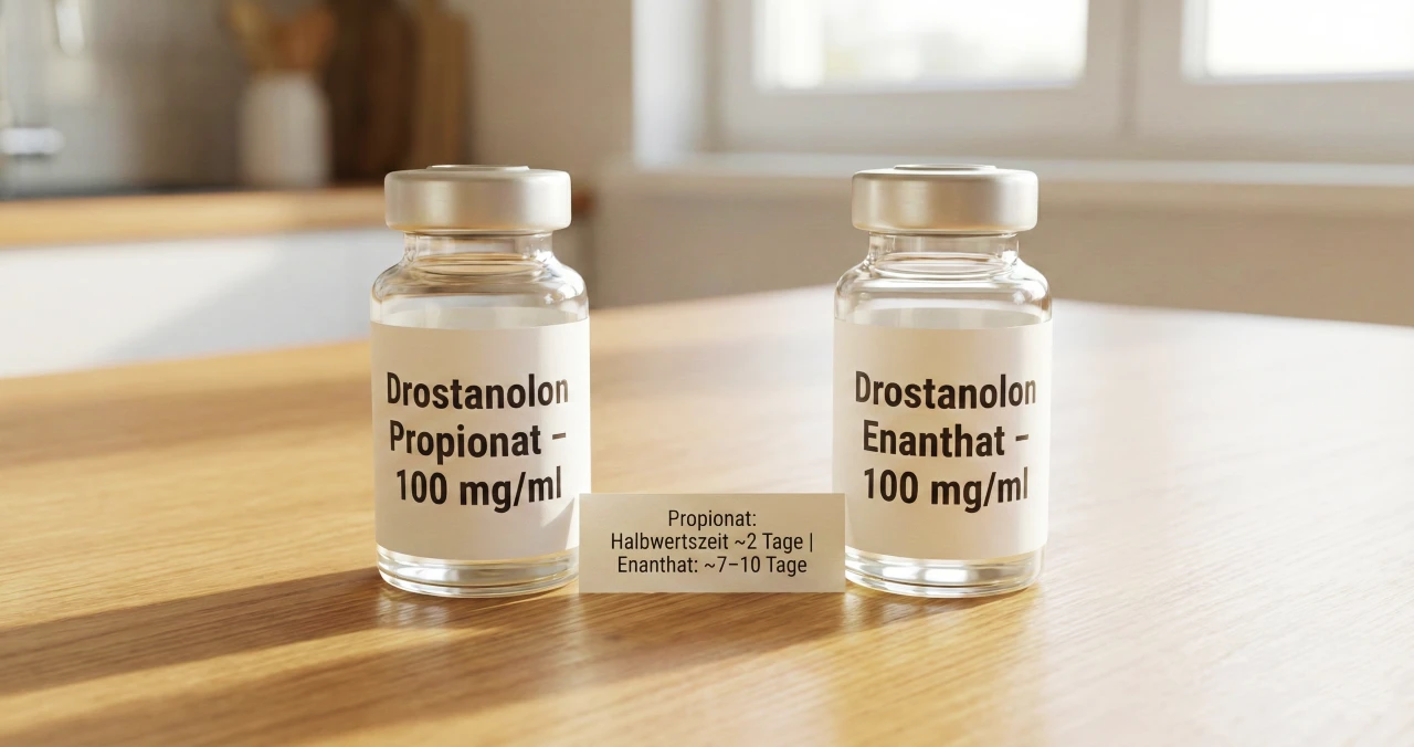 Zwei 10-ml-Glasfläschchen auf einem Küchentisch mit den Aufschriften „Drostanolon Propionat” und „Drostanolon Enanthat” zum pädagogischen Vergleich ihrer esterbasierten Unterschiede hinsichtlich Halbwertszeit und Injektionshäufigkeit.