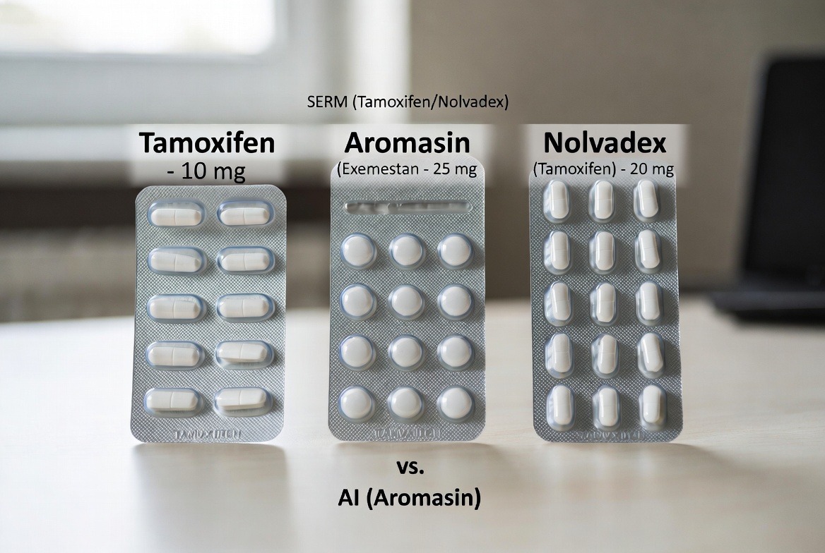 Drei generische Blisterpackungen mit den Bezeichnungen Tamoxifen 10 mg, Aromasin (Exemestan) 25 mg und Nolvadex (Tamoxifen) 20 mg nebeneinander auf einem Holztisch – zur veranschaulichenden Gegenüberstellung von SERMs und Aromatasehemmern, die in der Post-Cycle-Therapie eingesetzt werden.