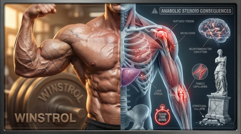 Homepage 24 Anatomische Darstellung: Äußere muskulöse Physique eines Bodybuilders vs. innere Winstrol (Stanozolol) Schäden wie Kollagenabbau, Gefäßbrüchigkeit und Sehnenrisse.