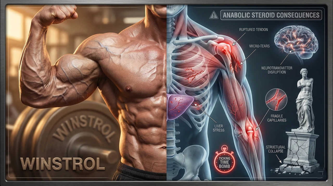 Anatomische Darstellung: Äußere muskulöse Physique eines Bodybuilders vs. innere Winstrol (Stanozolol) Schäden wie Kollagenabbau, Gefäßbrüchigkeit und Sehnenrisse.