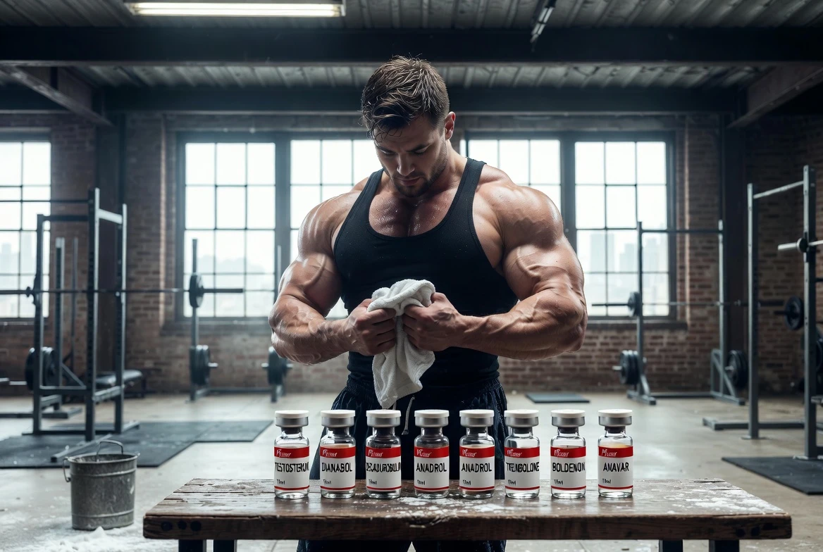 Muskulöser männlicher Bodybuilder in einem industriellen deutschen Loft-Fitnessstudio mit sieben pharmazeutisch anmutenden Fläschchen mit den Aufschriften Testosteron, Dianabol, Deca Durabolin, Anadrol, Trenbolon, Boldenon und Anavar, die auf einer Holzbank angeordnet sind – sie stehen für die wirksamsten Präparate zum Aufbau hochwertiger Muskelmasse.