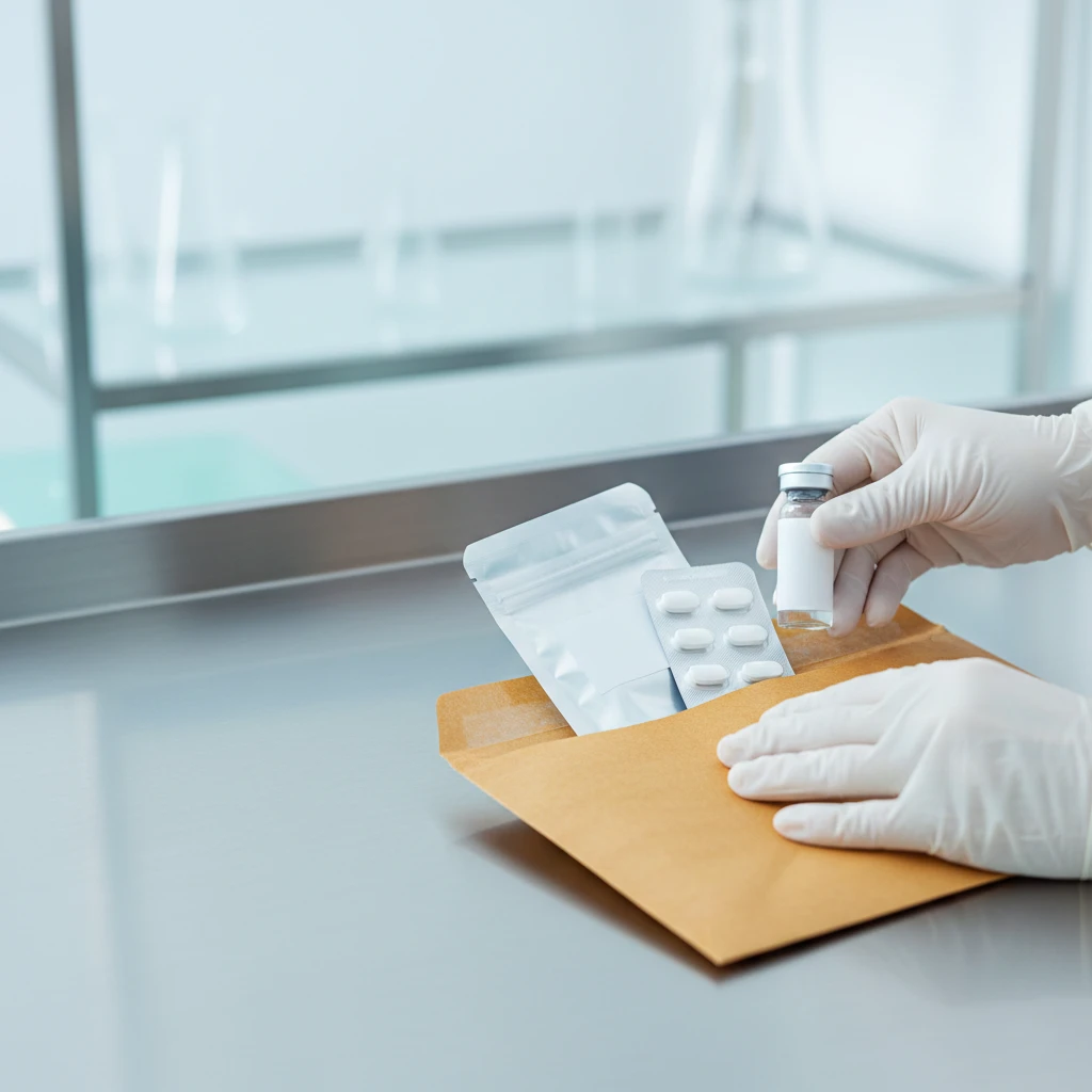 Professionelle Handschuhe bei der Qualitaetskontrolle und Verpackung von Leistungs- und Gesundheitsprodukten im Labor