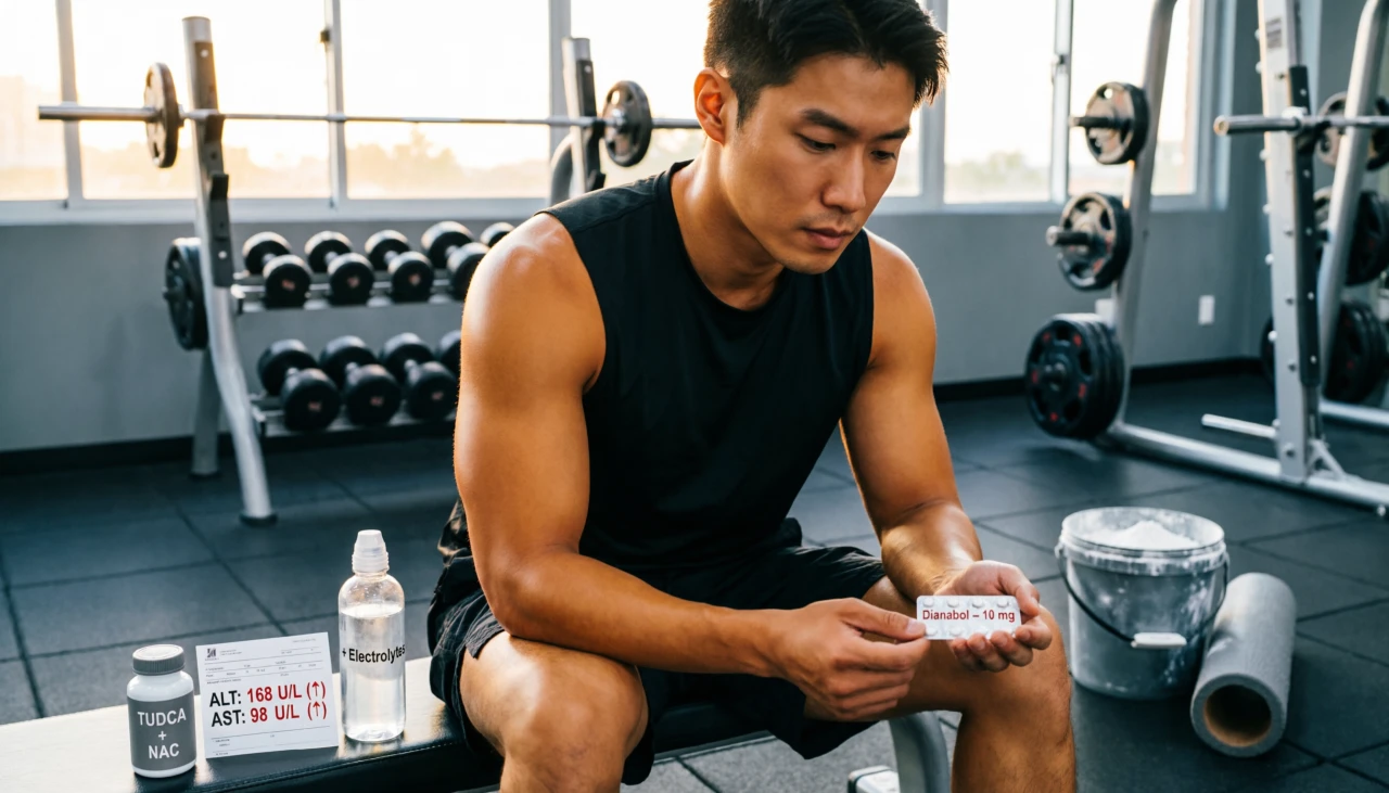 Ein männlicher Bodybuilder hält in einem Fitnessstudio eine Blisterpackung Dianabol in der Hand, daneben steht eine Flasche mit einem TUDCA/NAC-Nahrungsergänzungsmittel und sein Bluttest ergab erhöhte Leberenzymwerte (ALT 168, AST 98) – ein Beweis dafür, dass kein orales Steroid trotz gegenteiliger Behauptungen wirklich leberschonend ist.