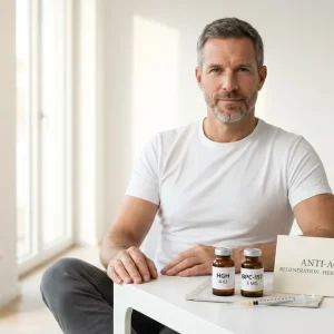 Fitter Mann Mitte 40 sitzt vor HGH 4 IU und BPC-157 5 MG Fläschchen auf weißem Tisch beim Planen der Anti-Aging Kur für Regeneration Heilung und Longevity durch Wachstumshormon und regeneratives Peptid