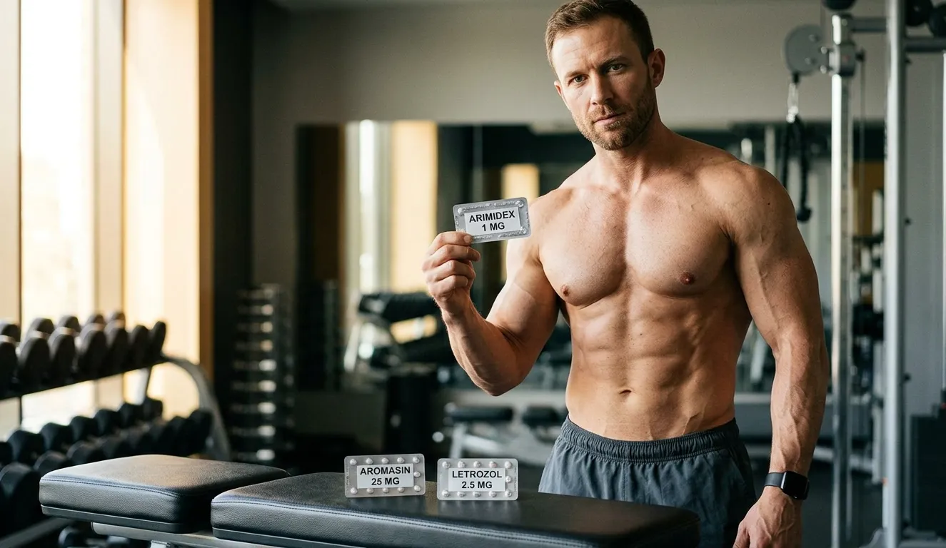 Trockener, definierter Bodybuilder hält Arimidex-Tabletten neben Aromasin und Letrozol auf der Gymbank beim Einsatz von Aromatasehemmern in Steroidzyklen