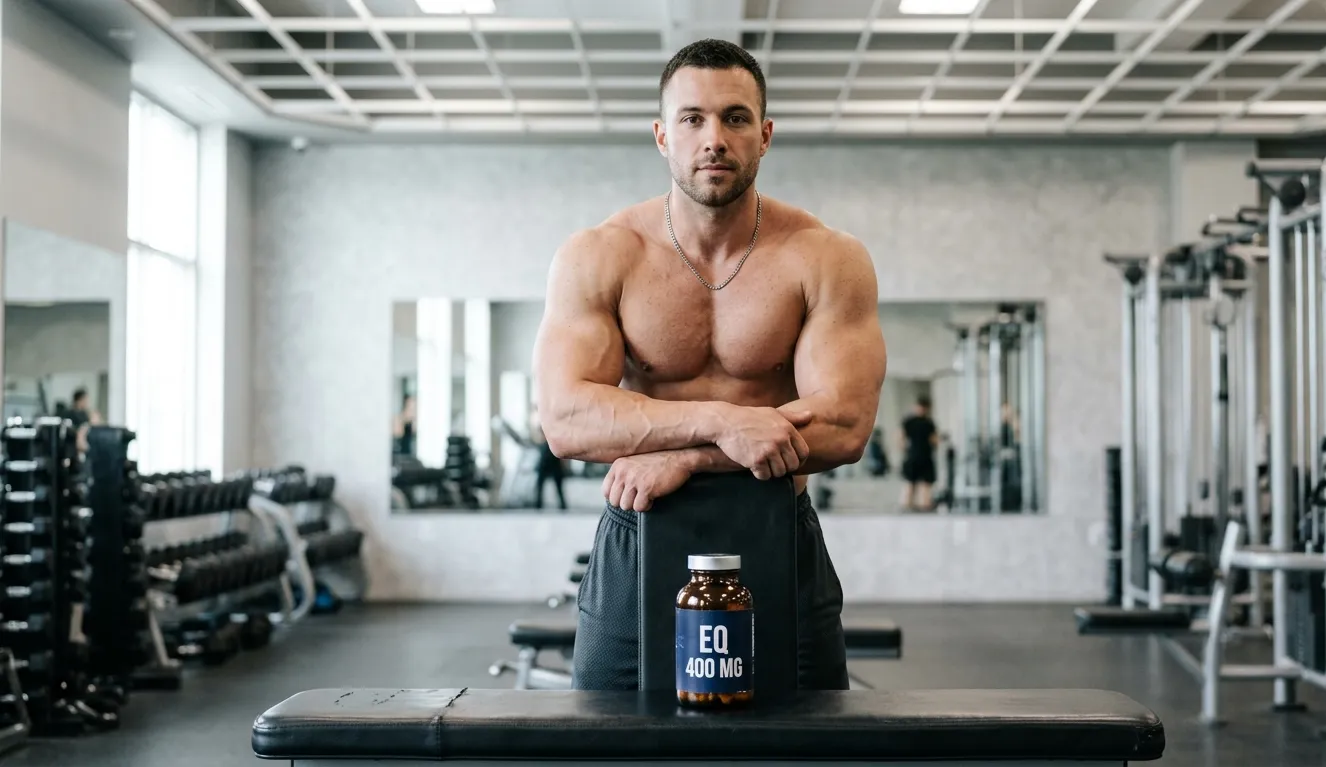 Muskulöser Bodybuilder steht hinter EQ 400 MG Fläschchen auf Gymbank und zeigt Muskelfülle nach Boldenon Dosierung von 600 mg wöchentlich im Langzeit-Zyklus