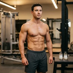 Muskulöser Athlet mit vaskulärer fettfreier Masse steht neben Boldenon Undecylenat und Testosteron Enantat Fläschchen im Fitnessstudio und zeigt Ergebnisse der Boldenon Testosteron Qualitätsmasse Kur
