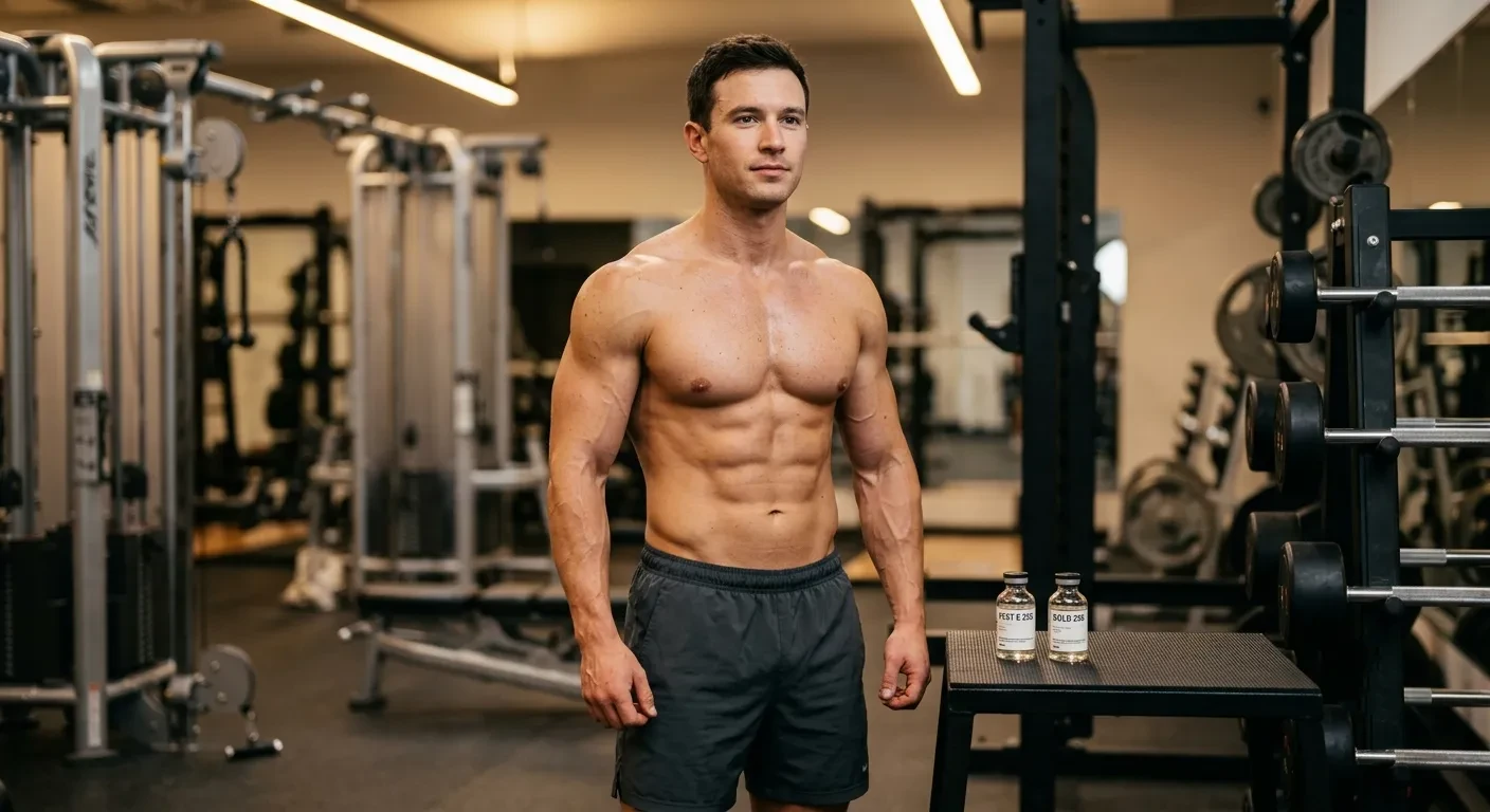 Boldenon + Testosteron Kur – Qualitaetsmasse 1 Muskulöser Athlet mit vaskulärer fettfreier Masse steht neben Boldenon Undecylenat und Testosteron Enantat Fläschchen im Fitnessstudio und zeigt Ergebnisse der Boldenon Testosteron Qualitätsmasse Kur