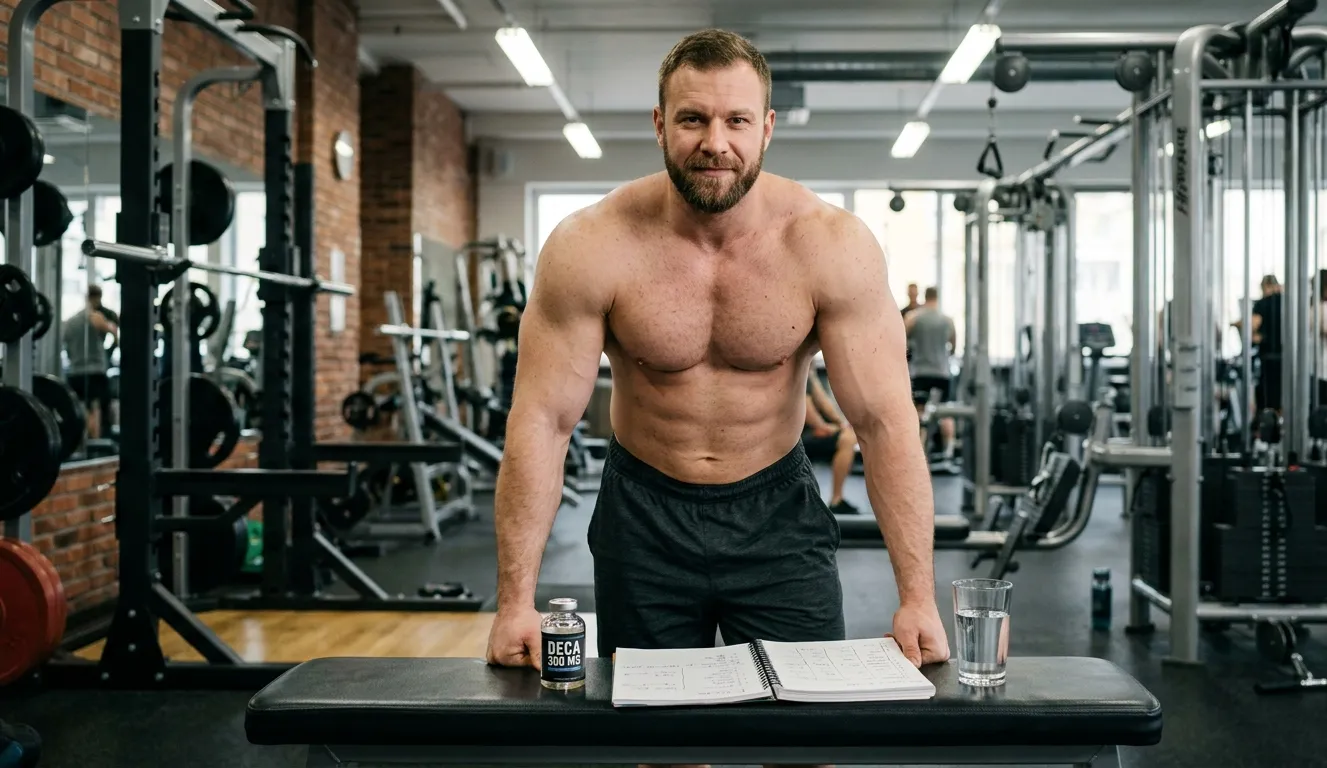 Massiver Bodybuilder steht vor DECA 300 MG Fläschchen und handgeschriebenem 16-Wochen-Kur-Plan auf Gymbank beim Planen der Deca Durabolin Dosierung von 400 mg wöchentlich