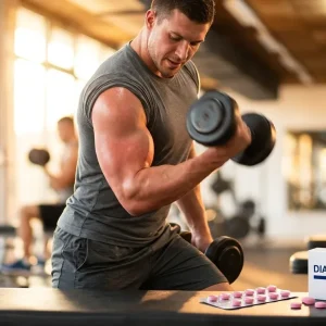 Athlet mit gepumptem Bizeps beim Kurzhantel-Curl neben Dianabol 10 mg Tabletten – Dianabol Kur Plan Masse Kickstart