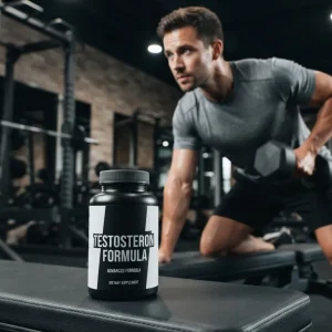 Realistische Aufnahme einer einzelnen Testosteron Supplement-Flasche im scharfen Fokus, begleitet von einem klar erkennbaren, fitten Athleten beim Training, der den sicheren und kontrollierten Anfänger-Kurplan visuell demonstriert.