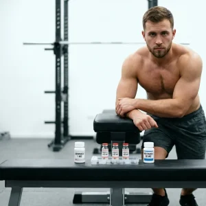 Bodybuilder Anfänger steht vor komplettem ersten Testosteron Kur Kit mit drei TEST E 250 MG Fläschchen Arimidex und Nolvadex PCT auf Gymbank beim Planen der ersten Testosteron Kur mit 500 mg wöchentlich über 12 Wochen