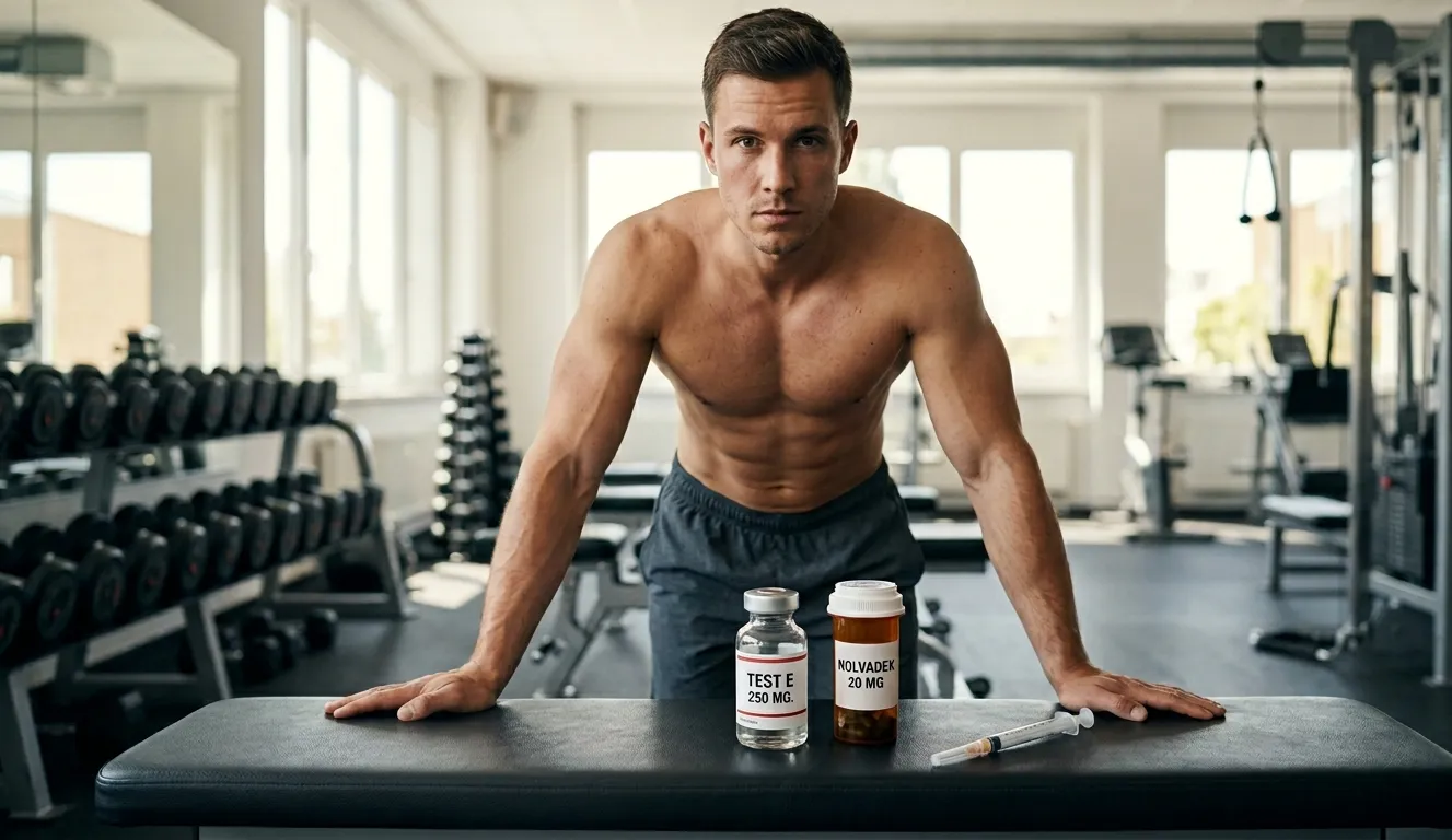 Fitter Anfänger steht vor erstem Zyklus-Kit mit TEST E 250 MG Fläschchen Injektionsplan Nolvadex PCT-Tabletten und Spritze auf Gymbank beim Planen des ersten Steroid-Zyklus nach KISS-Protokoll mit Testosteron Enantat