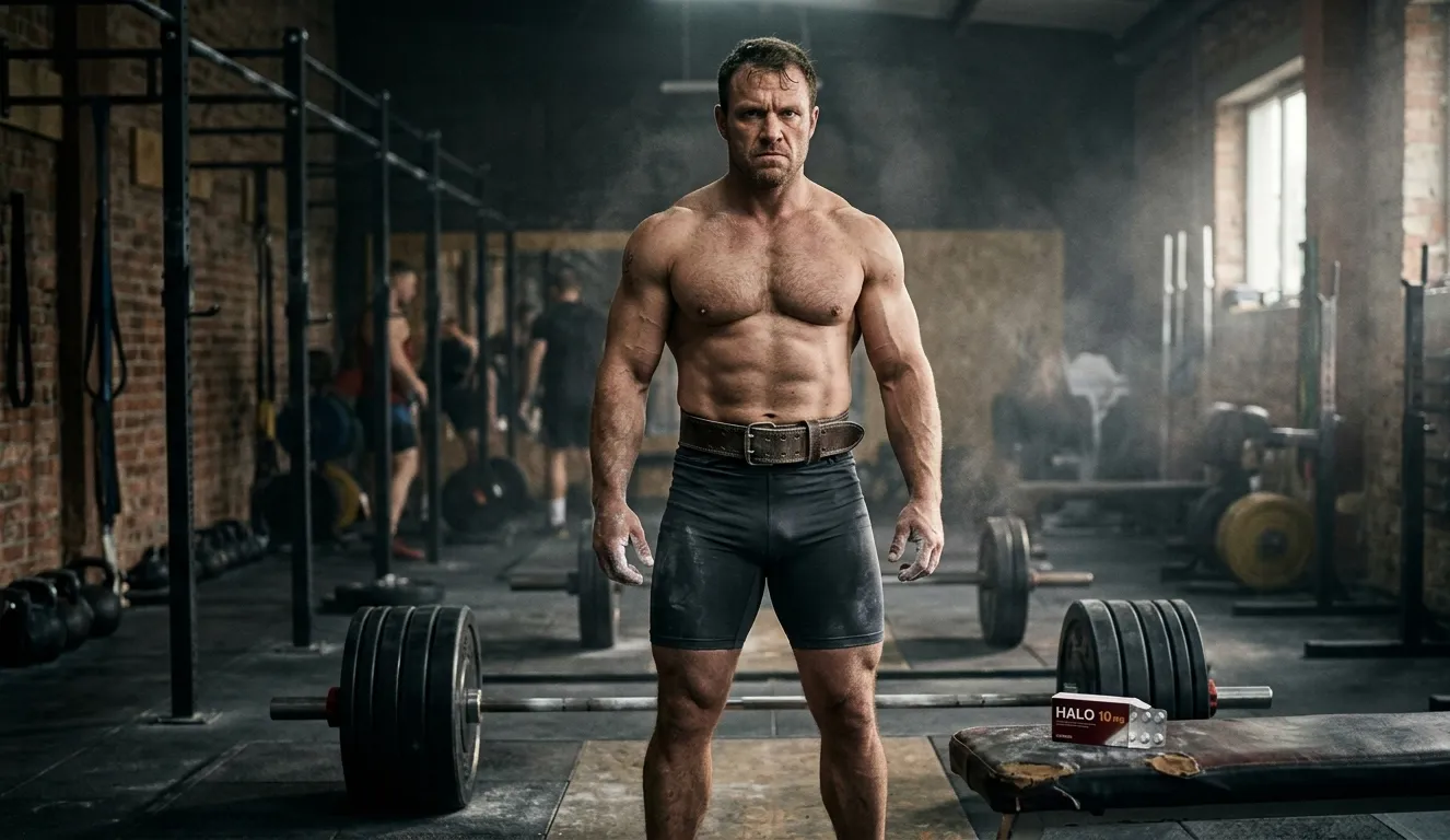 Intensiv fokussierter Powerlifter an schwerem Barbell neben HALO 10 MG Tabletten-Pack und 4-Wochen-Dosierungsplan auf Gymbank beim Vorbereiten der Halotestin Dosierung für maximale Kraftsteigerung