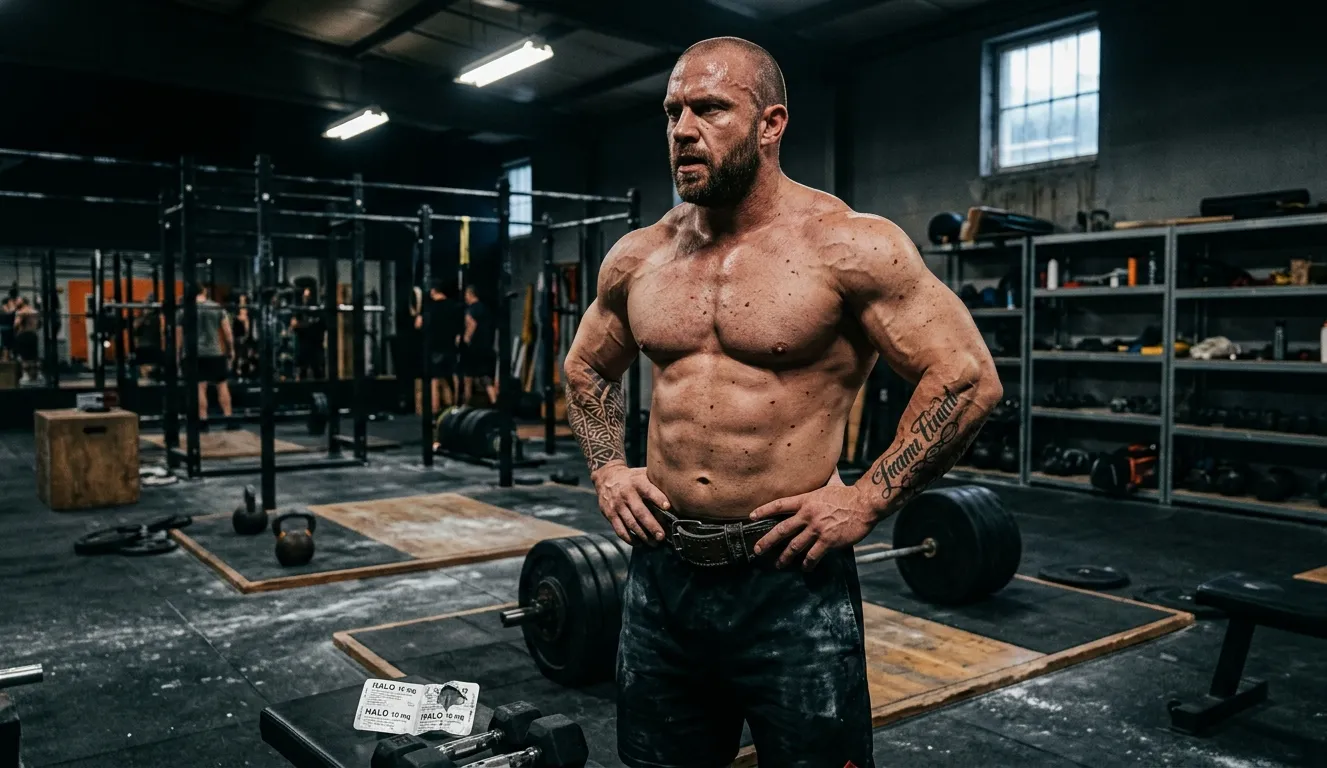 Kraftsportler mit intensiv fokussiertem Gesichtsausdruck steht vor HALO 10 MG Tabletten-Pack im Hardcore-Gym und zeigt Halotestin Wirkung durch ZNS-Stimulation, Aggression und explosive Kraftsteigerung