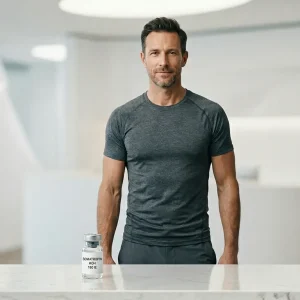 Athletischer Mann Anfang 40 steht vor einem kleinen Somatropin HGH 100 IE Vial und einer Insulinspritze in realem Größenverhältnis auf weißem Tisch beim Planen der HGH Solo Kur für Fettabbau Muskelaufbau und Anti-Aging mit 2 bis 4 IE täglich subkutan