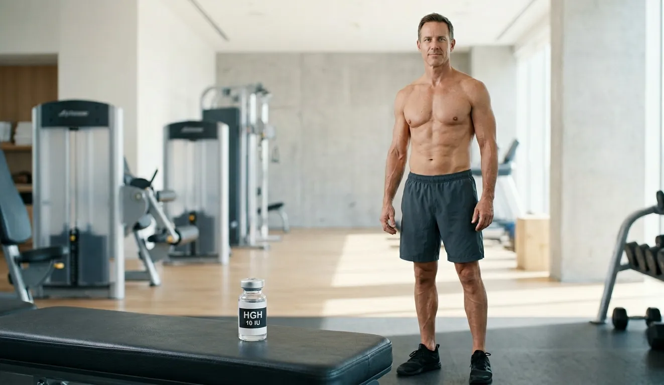 Athletischer Mann Mitte 40 mit gesunder, schlanker Körperform steht vor HGH 10 IU Fläschchen und Insulinspritze auf Gymbank und zeigt HGH Wirkung auf Muskeln, Fettabbau und Regeneration