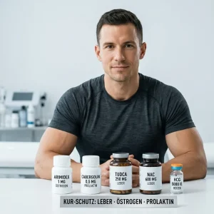 Erfahrener Athlet sitzt vor komplettem Kur-Schutz Kit mit Arimidex Cabergolin TUDCA NAC und HCG auf weißem Tisch und zeigt vollständigen On-Cycle-Schutz für Leber Östrogen und Prolaktin während des Steroidzyklus