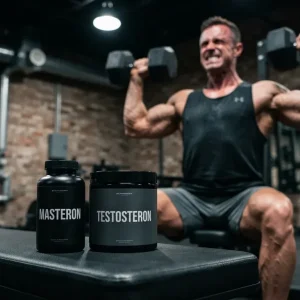 Realistische Aufnahme eines Masteron und Testosteron Supplement-Stacks auf einer Trainingsbank, der den Kurplan für maximale muskuläre Härte, Vaskularität und trockene Definition visuell veranschaulicht.