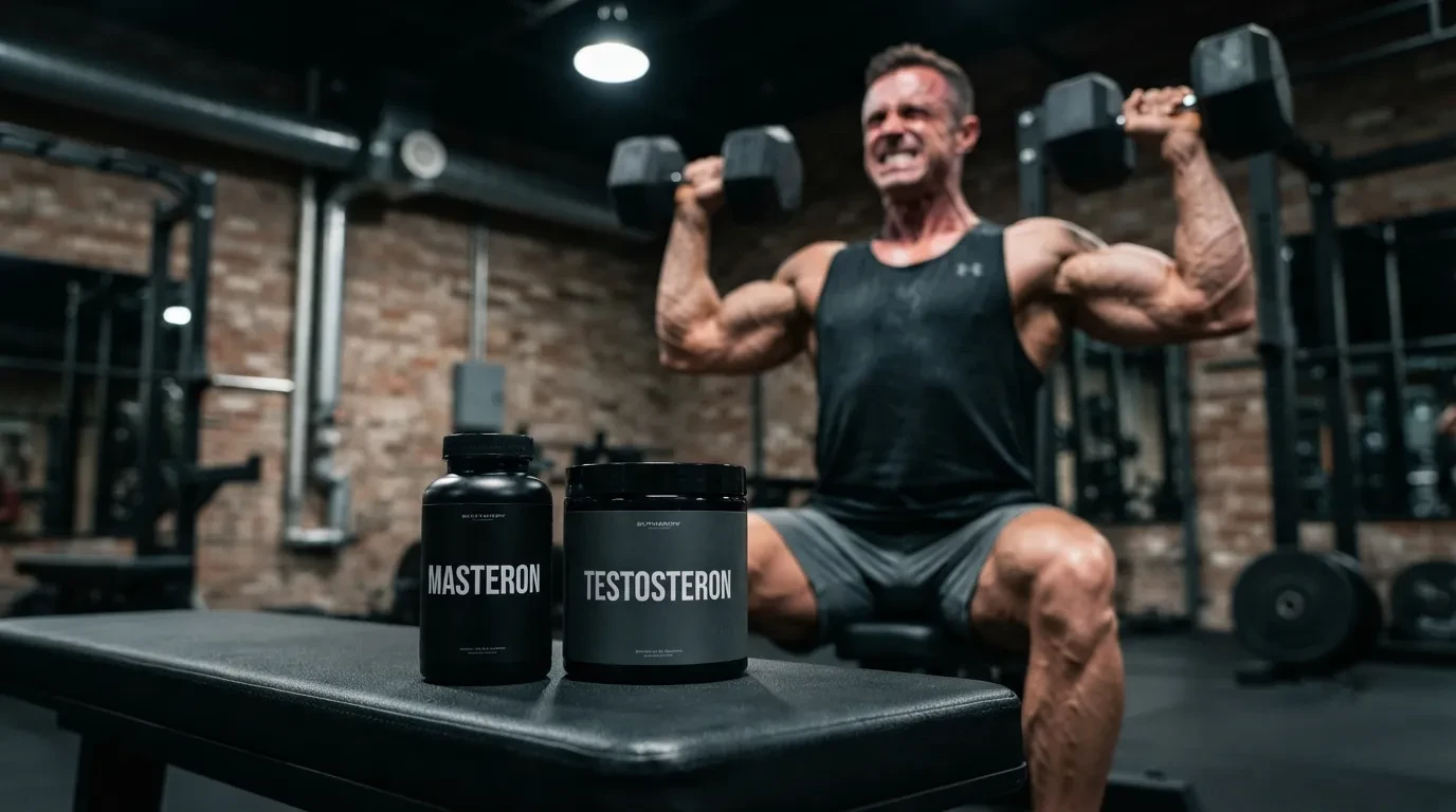 Masteron Kur Plan – Trockene Definition 1 Realistische Aufnahme eines Masteron und Testosteron Supplement-Stacks auf einer Trainingsbank, der den Kurplan für maximale muskuläre Härte, Vaskularität und trockene Definition visuell veranschaulicht.