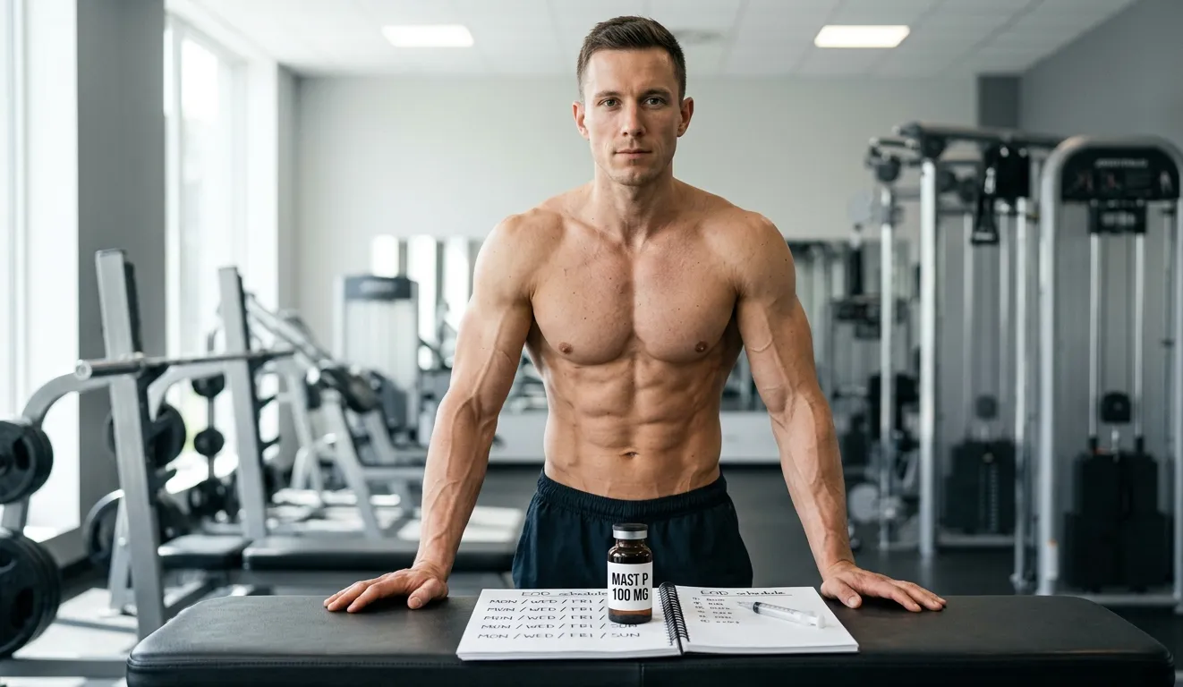 Definierter Bodybuilder in Cutting-Kondition steht vor MAST P 100 MG Fläschchen und handgeschriebenem EOD-Injektionsplan auf Gymbank beim Planen der Masteron Propionat Dosierung für maximale Definition