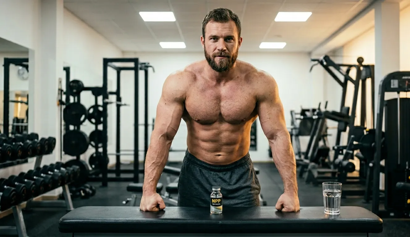 Muskulöser Bodybuilder steht vor NPP 100 MG Fläschchen und zweimal-wöchentlichem Injektionsplan auf Gymbank beim Planen der NPP Dosierung von 400 mg wöchentlich über 10 Wochen